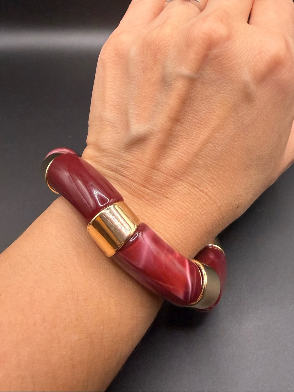 Gold-Tone and Burgundy Resin Stretch Bracelet Contemporary Classic